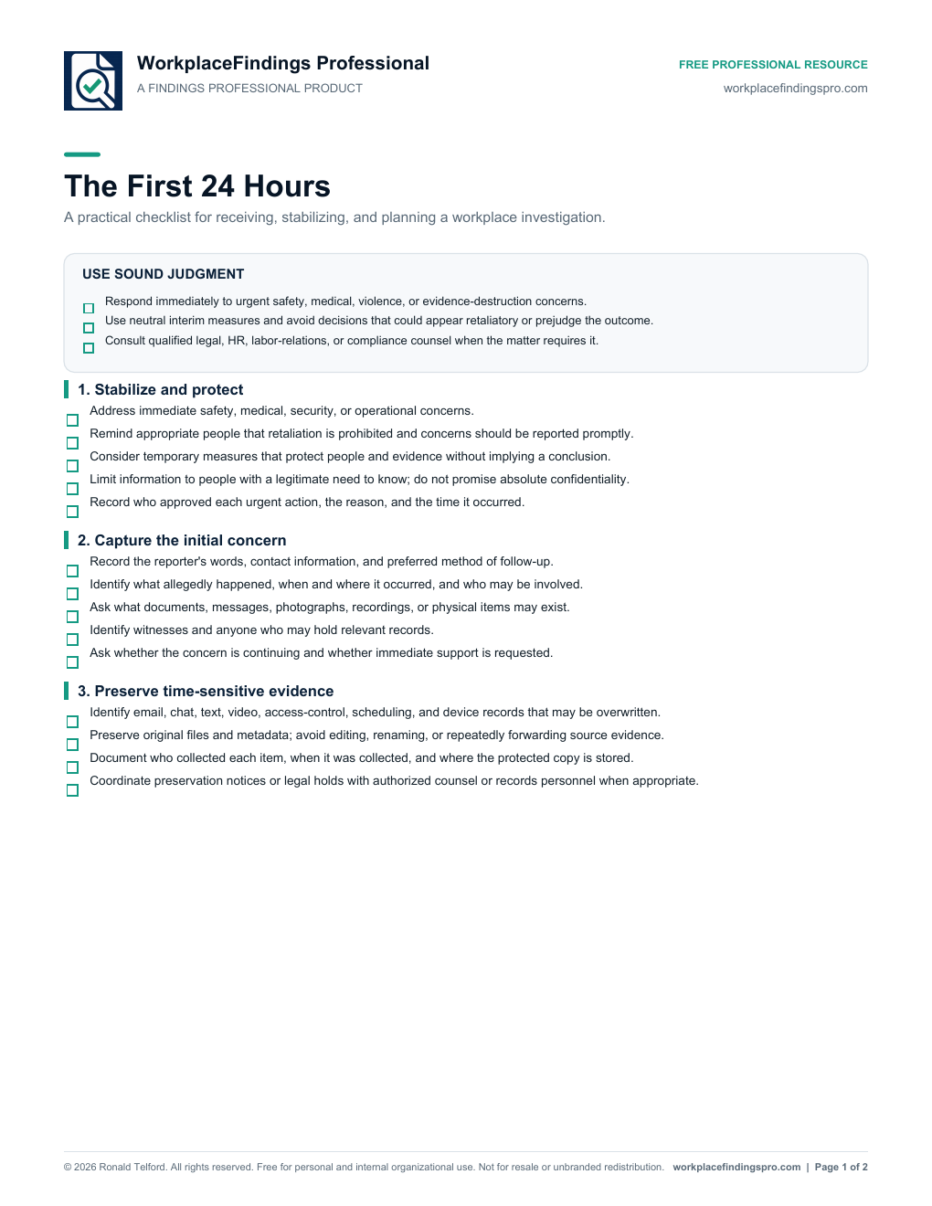 First page of The First 24 Hours checklist