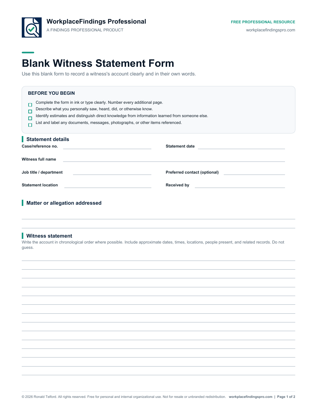First page of the blank witness statement form